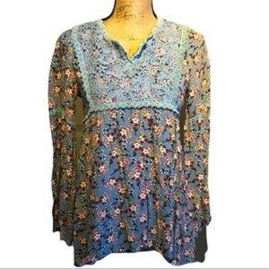 SUZANNE BETRO | SB Blue Floral Lace Eyelet Blouse